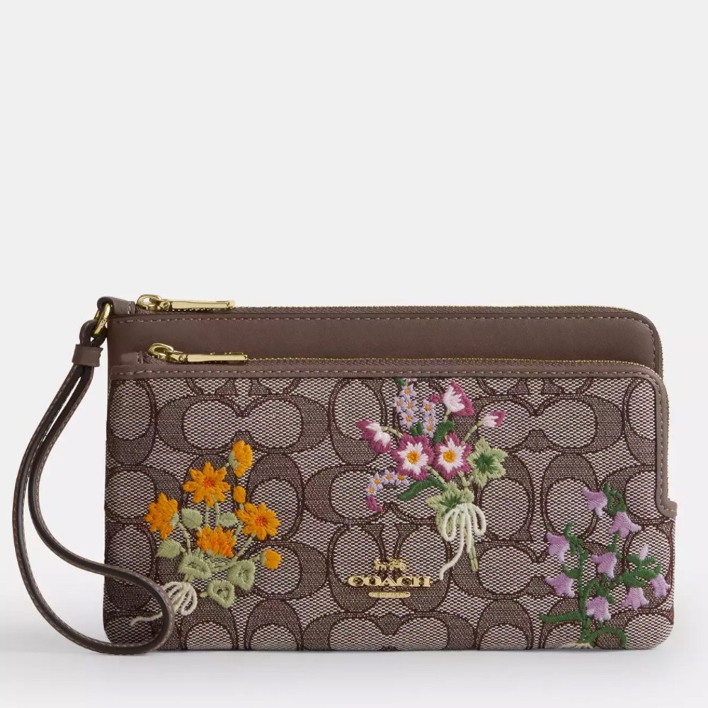 Double Zip Wristlet
In Signature Jacquard With Floral Embroidery
